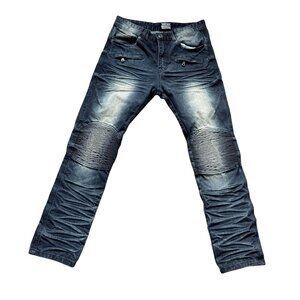 Nobel Denim Biker Jeans Men's Size 32x30 Blue Whiskering Motorcycle Hip Hop